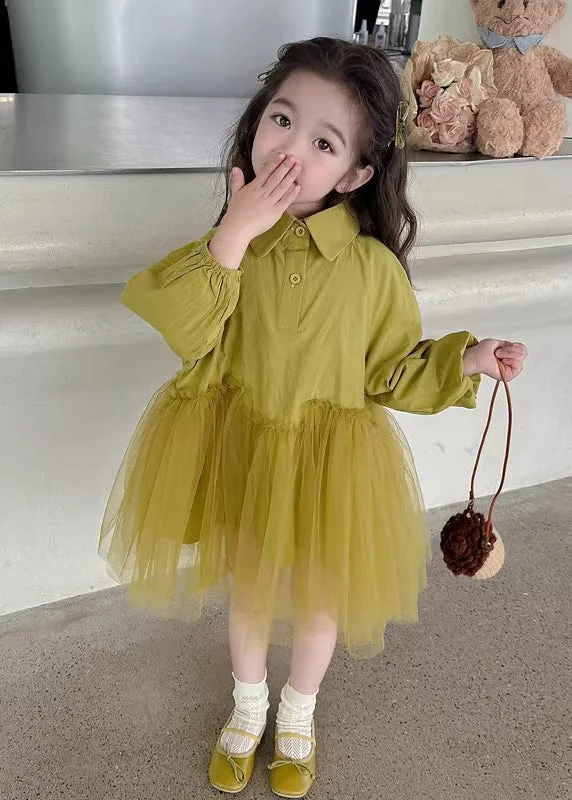 Modern Light Green Peter Pan Collar Tulle Patchwork Girls Long Dress Long Sleeve SS1060 Tulle Dress Charm