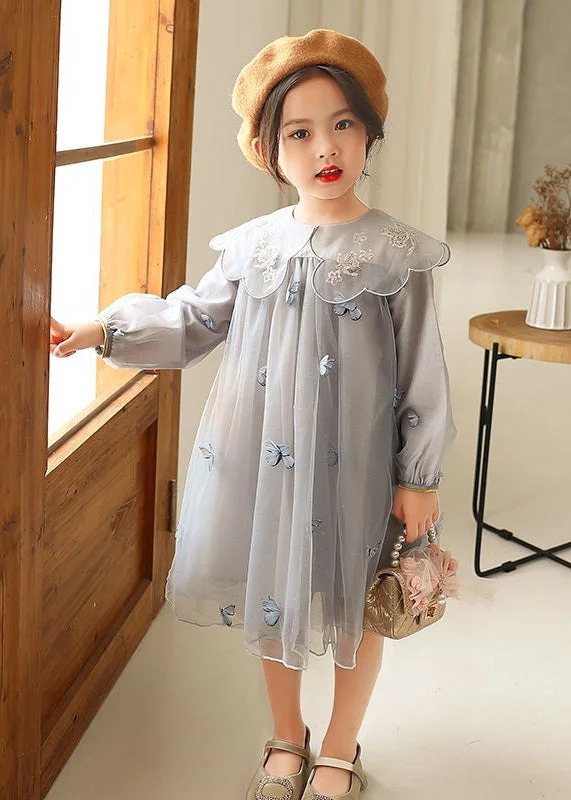 Novelty Grey Butterfly Embroideried Tulle Girls Long Dress Long Sleeve SS1064 Boho Chic Tulle