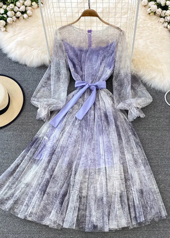 Purple O-Neck Bow Tulle Long Dress Puff Sleeve AJ1038 Pink Tulle Dress