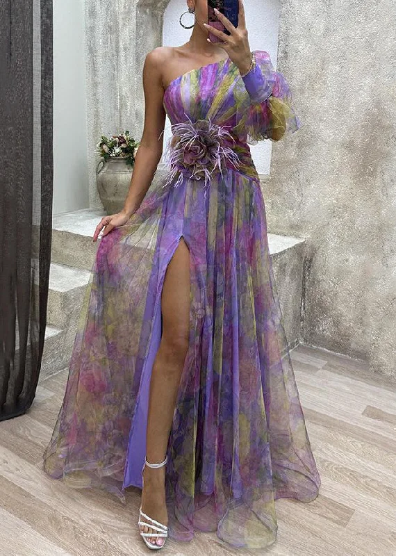 Purple Side Open Tulle Long Dress One Shoulder Summer WW1033 Fluffy Tulle Dress