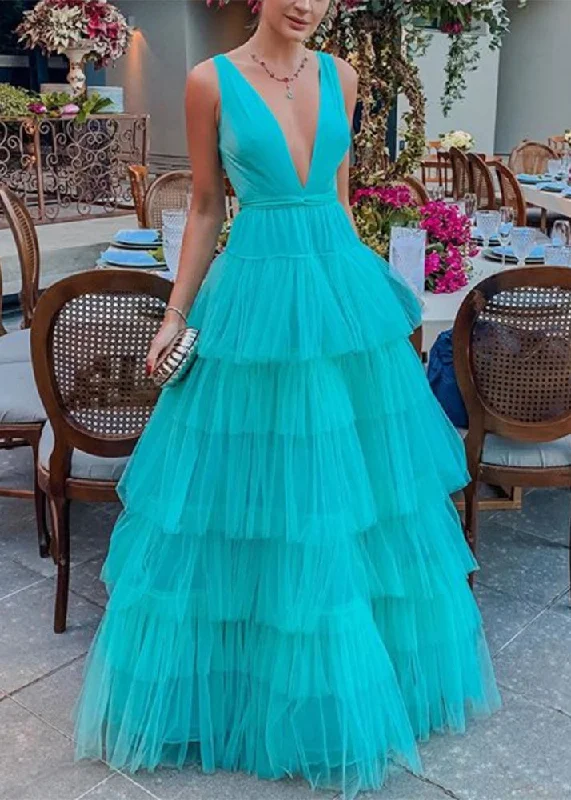 Sexy Blue V Neck High Waist Tulle Dress Sleeveless FF108 Pink Tulle Gown