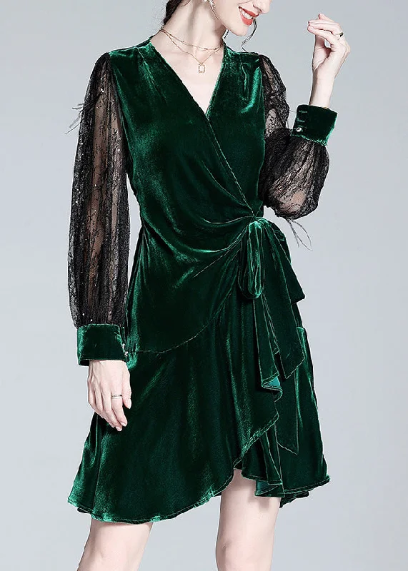 Sexy Green V Neck Tulle Patchwork Tie Waist Silk Velour Holiday Mid Dress AC3017 Tulle Dress Glam