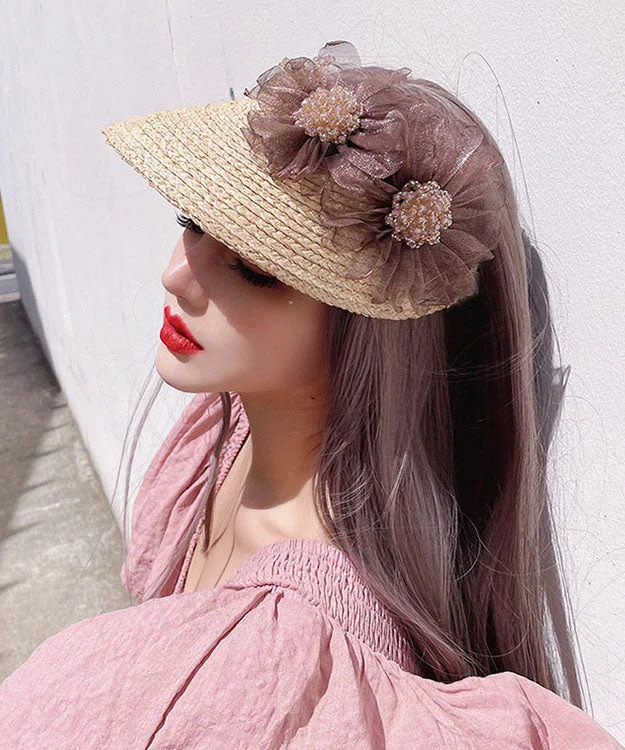 Stylish Beige Tulle Flower Empty Top Sunshade Hat Summer YU1026 Tulle Dress Sparkle