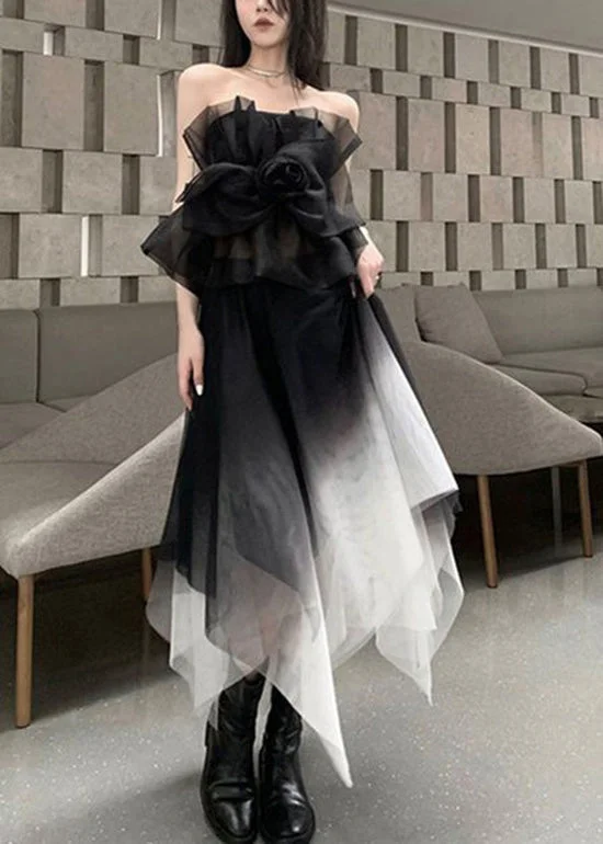 Stylish Black Asymmetrical Patchwork Tulle 2 Piece Outfit Summer XX025 Short Tulle Dress