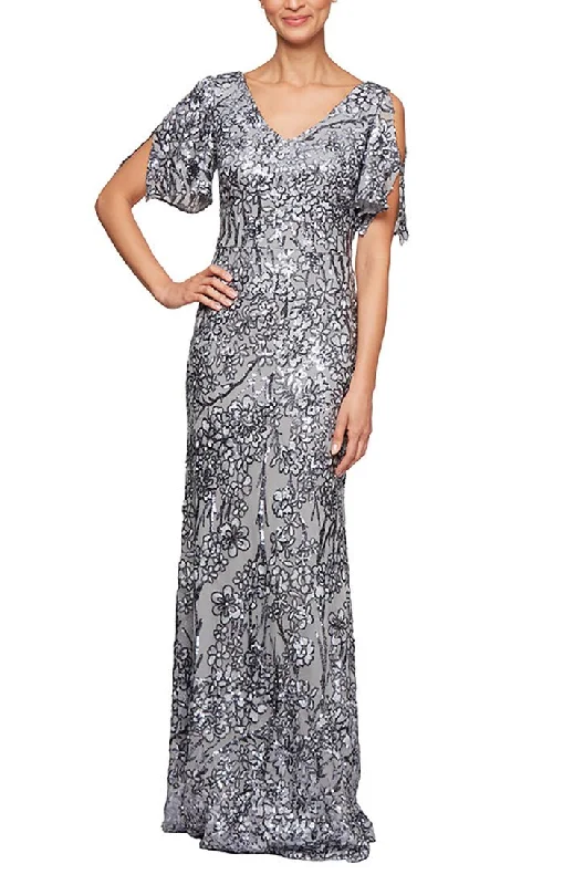 V-Neck Sequin Dress with Cold Shoulder Flutter Sleeve Formal Sequin Dress