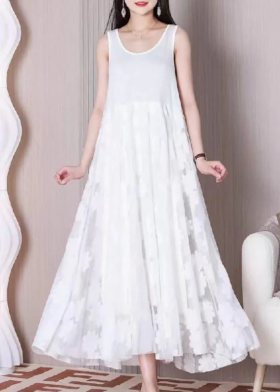 White Tulle Patchwork Cotton Dresses O Neck Summer TT1026 Tulle Dress Shine