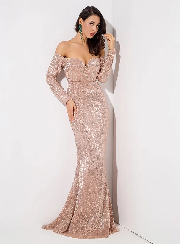 Women's Sequin V-Neck Long Dress Silver Sequin Dress