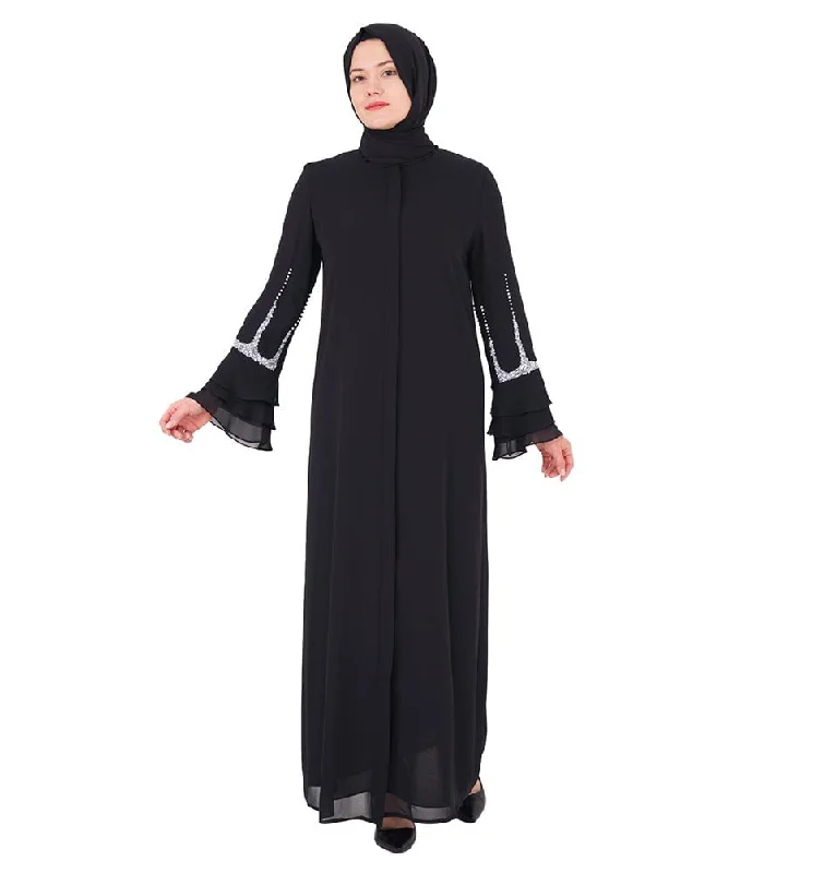 Elegant Women's Sequins Layered Sleeves Abaya - 158 Black Short Sequin Dress