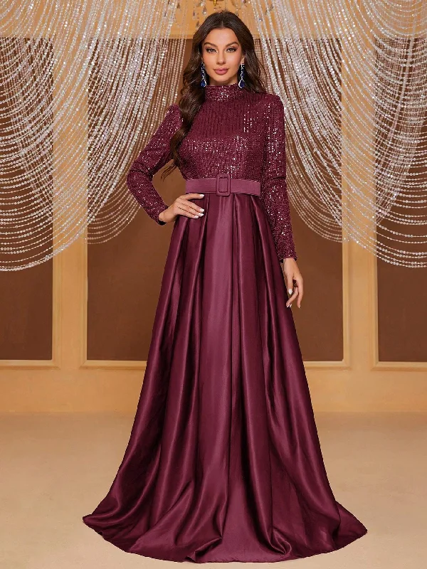 GIFFNISETI LONG SLEEVE HIGH NECK SEQUIN PANEL PLEATED EVENING DRESS WITH BELT Elegant Sequin Dress