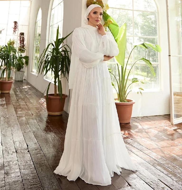 Modest Muslim Woman's Empire Waist Shimmery Tulle Dress - 36229 - Shimmer White Fluffy Tulle Dress