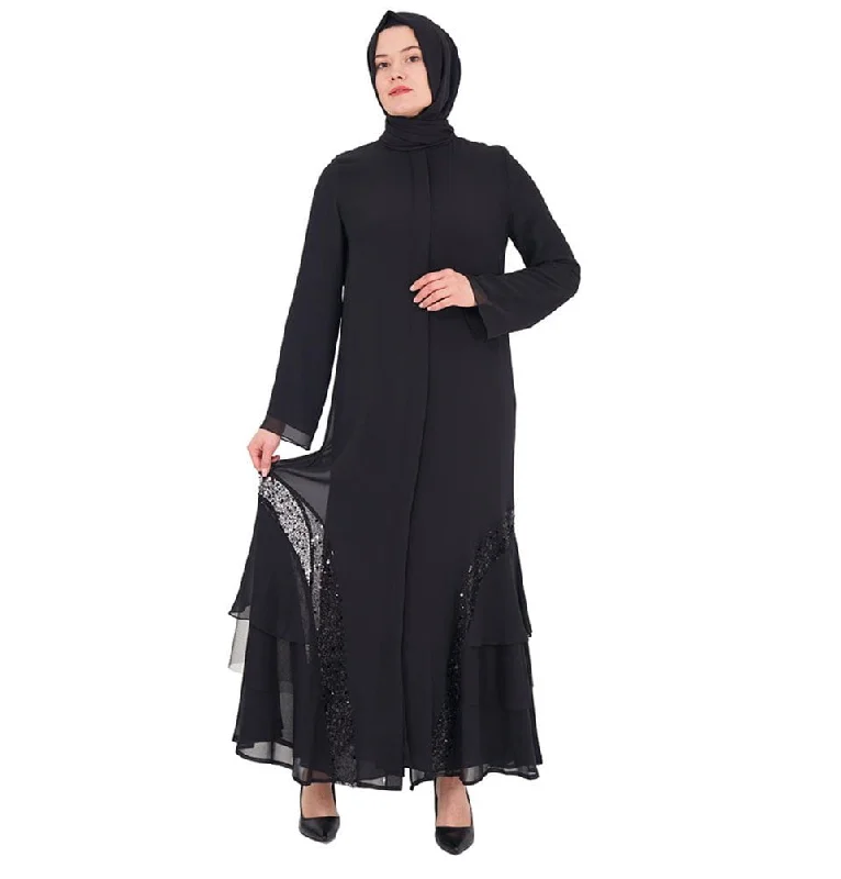 Modest Women’s 3 Tier Chiffon with Sequins Abaya - 168 Black Sequin Dress Party