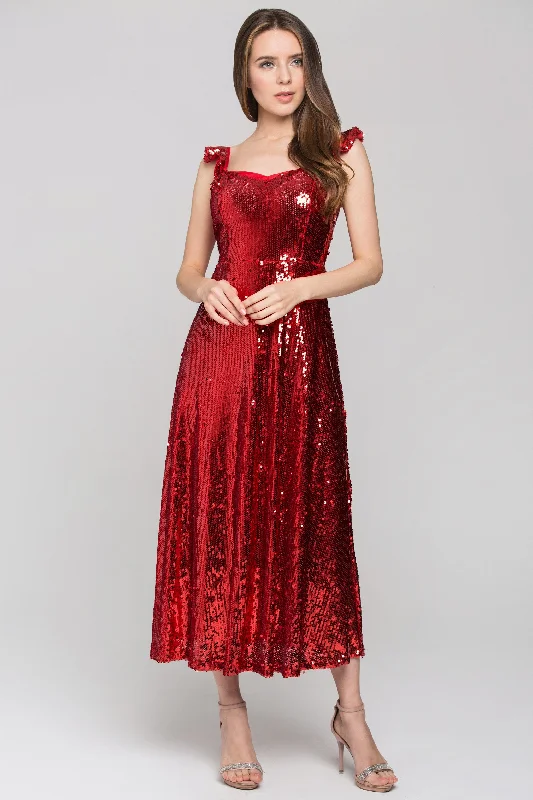 Red Sequined Ruffle Strap Evening Dress Formal Sequin Dress