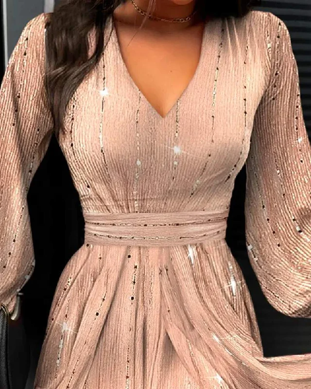 SEQUIN MESH LANTERN SLEEVE DRESS Sequin Dress Look