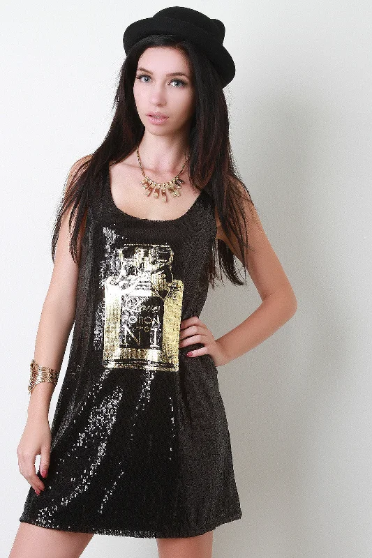 Perfume Graphic Sleeveless Sequined Dress Ruched Sequin Dress