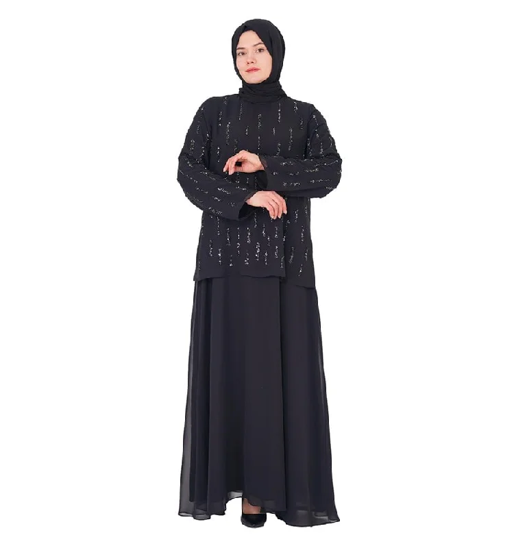 Modest Muslim Women's Elegant Evening Sequins Chiffon Abaya - 183 Black Sequin Dress Dressy