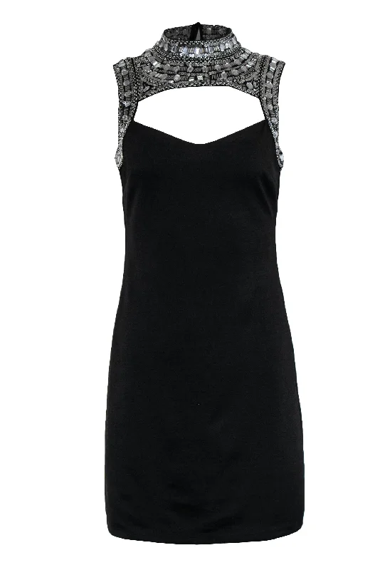 Alexia Admor - Black Cutout Bodycon Dress w/ Silver Sequin & Beaded Top Sz 4 Stretch Bodycon Dress