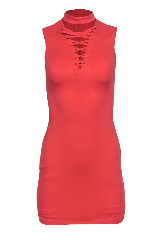 Bailey 44 - Coral Lace-Up Mock Neck Bodycon Dress Sz XS Bodycon Cocktail Dress