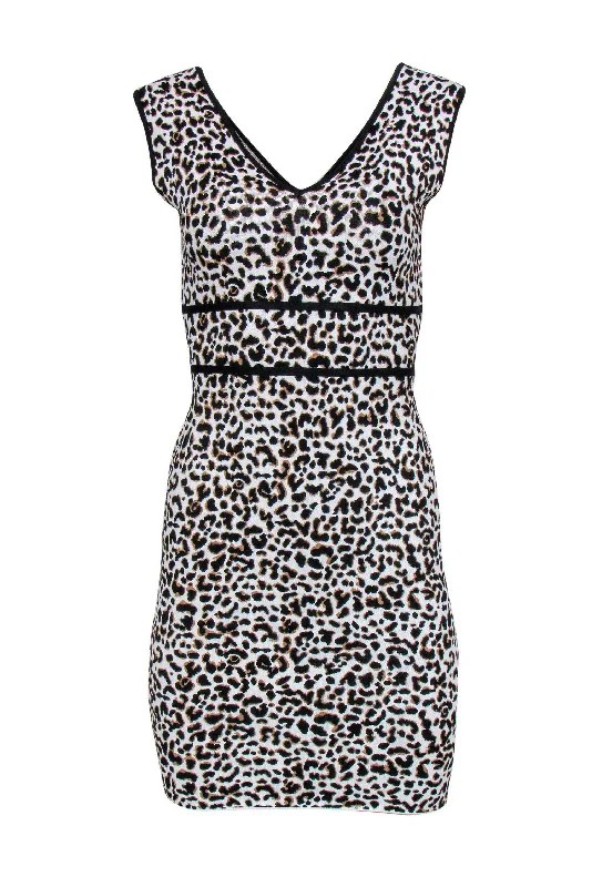 BCBG Max Azria - White, Black & Brown Leopard Print Sleeveless Bodycon Dress Sz S Trendy Bodycon Gown