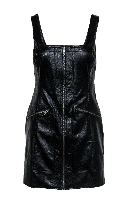 Free People - Black Faux Leather Zip-Up Sleeveless Bodycon Dress Sz 4 Lace Trim Bodycon