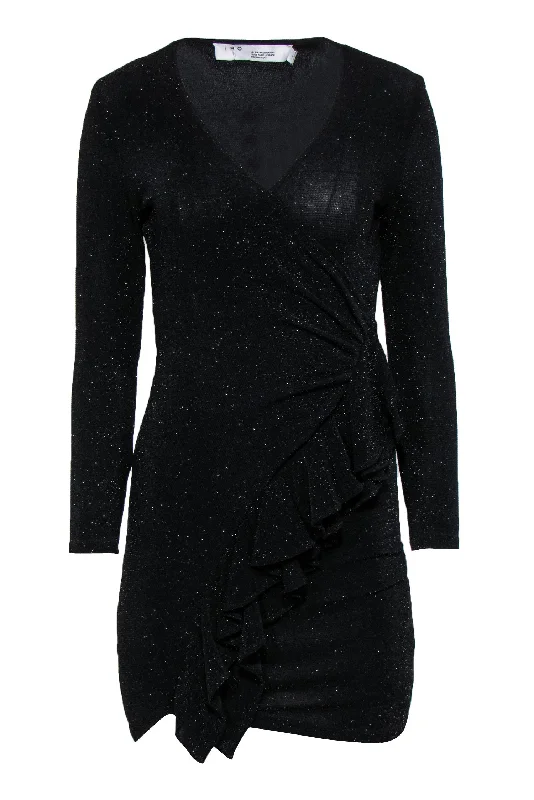 IRO - Black Sparkly Long Sleeve Ruffled Bodycon Dress Sz 4 Bodycon Wrap Dress