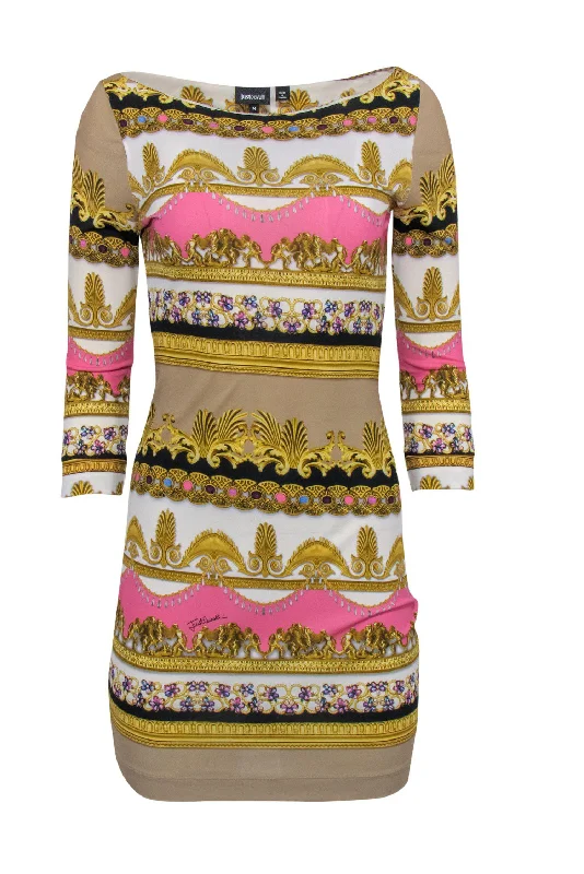 Just Cavalli - Pink & Gold Long Sleeve Bodycon Dress Hot Pink Bodycon