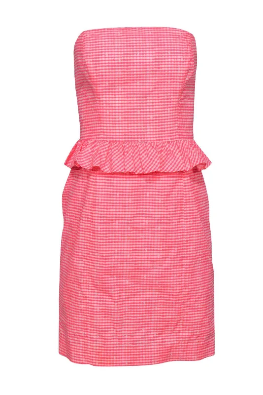 Lilly Pulitzer - Hot Pink Gingham Strapless Bodycon Dress w/ Ruffles Sz 0 Fashion Bodycon Dress