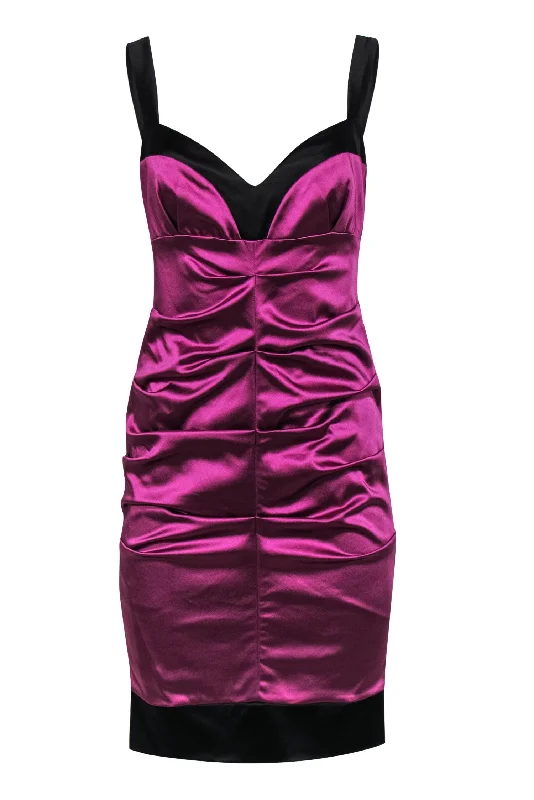 Nicole Miller - Purple Satin Ruched Sleeveless Bodycon Dress w/ Black Trim Sz 8 Off-shoulder Bodycon