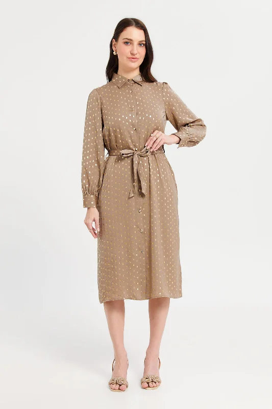 Women Beige Embellished Shirt Dress High-Waisted Shirt Dress