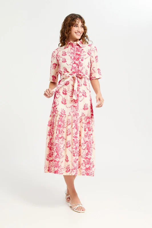 Women Beige And Pink Printed Shirt Dress Light Shirt Dress