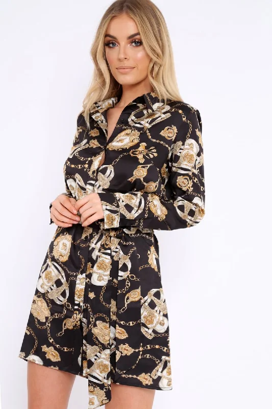 Black and Gold Chain Print Shirt Dress - Pollyann Comfy Shirt Dress