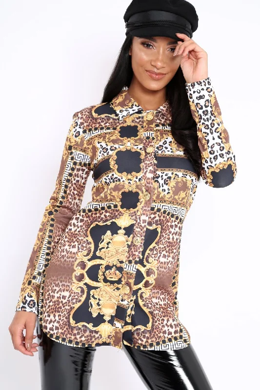 Black and Gold Scarf Print Button Front Shirt Dress - Nyanna Ruffled Shirt Dress