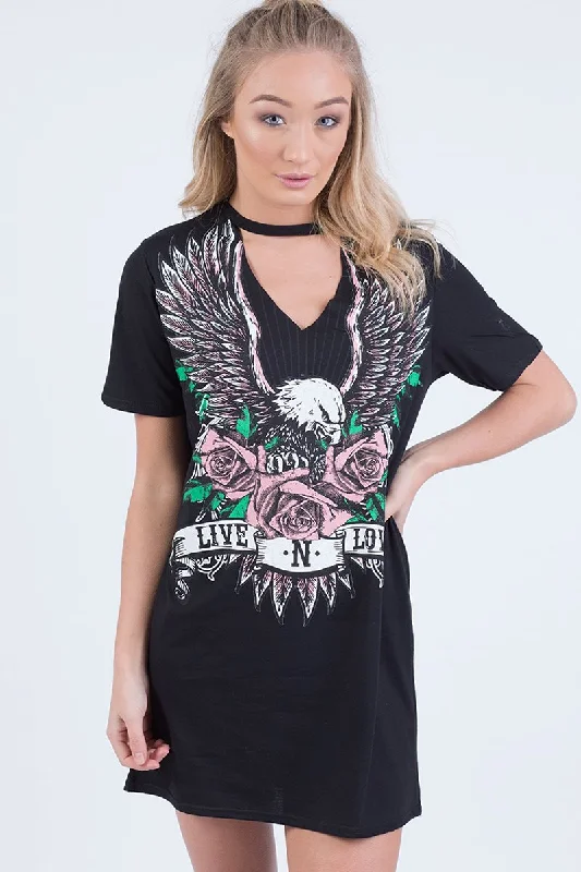 Black Choker Live N Love Eagle Print T Shirt Dress - Tia Shirt Dress Trend