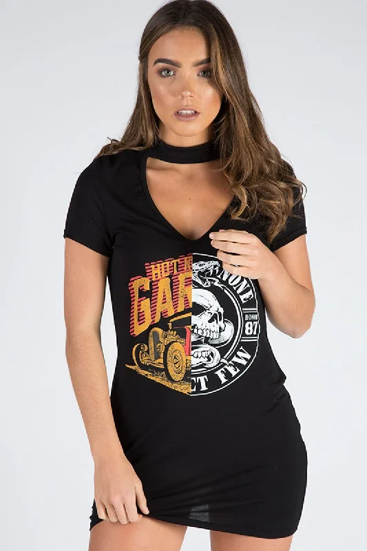 Black Choker Neck Cut Out Slogan T-Shirt Dress - Sophie Tartan Shirt Dress