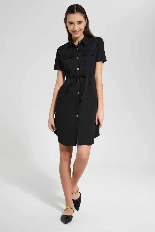 Black Front Tie Shirt Dress Stretch Shirt Dress