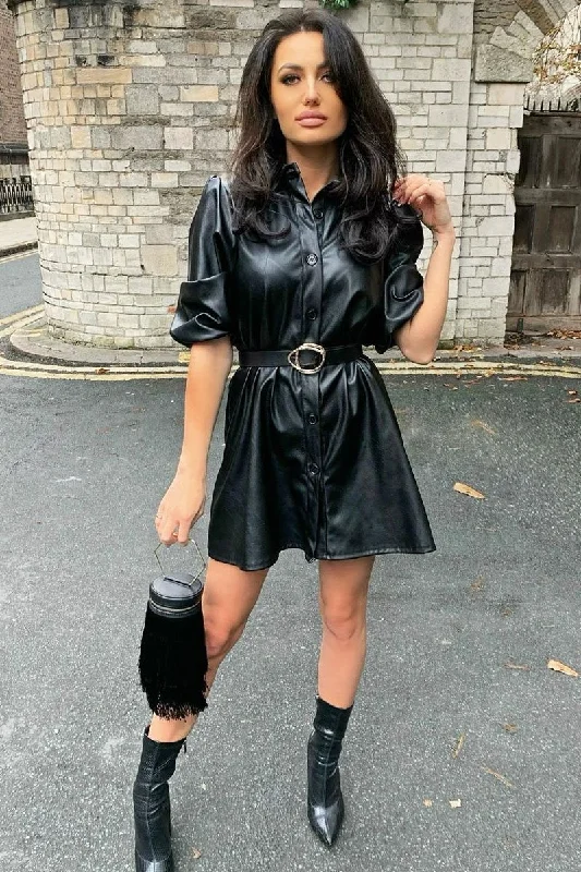 Black Faux Leather Puff Sleeve Shirt Dress - Fizza Layered Shirt Dress