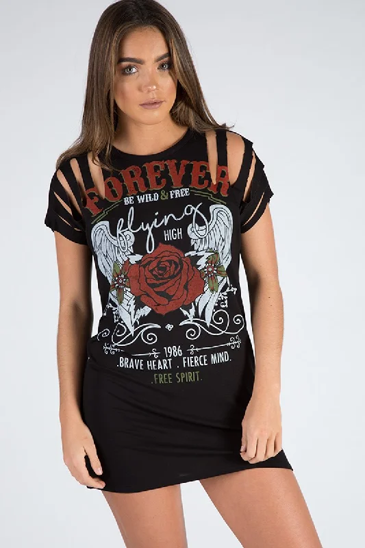 Black Forever Flying High Distressed T-Shirt Dress - Reiley Soft Cotton Shirt