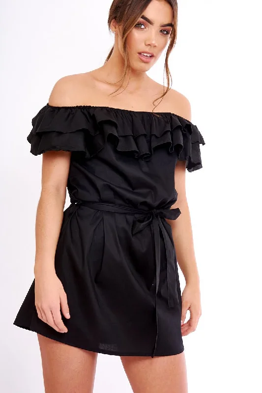 Black Frill Bardot Tie Waist Shirt Dress - Ally Button Front Shirt