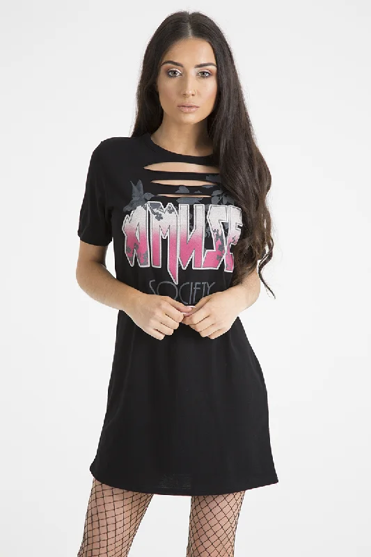 Black Front Distressed 'Amuse Society' T-Shirt Dress - Lexi Relaxed Fit Shirt