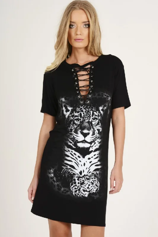 Black Lace Up Tiger T-shirt Dress - Mali Pleated Shirt Dress