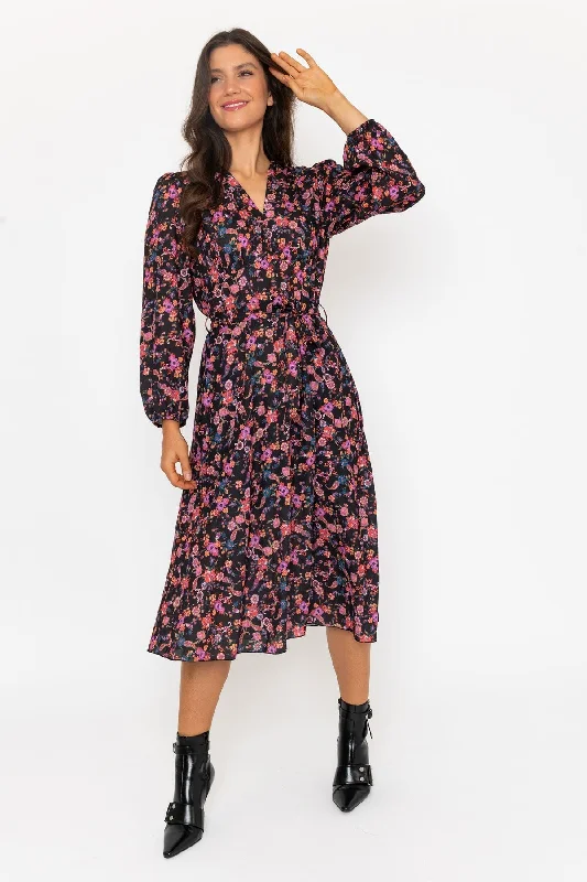 Black & Pink Floral Print Sinead Midi Dress Vintage Printed Skirt