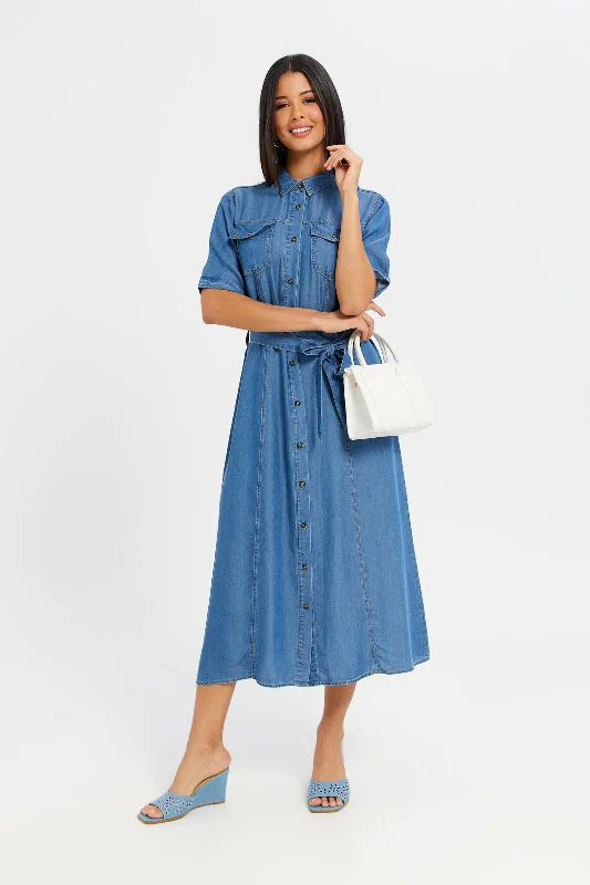 Women Blue Belted Shirt Dress Shirt Dress Casual