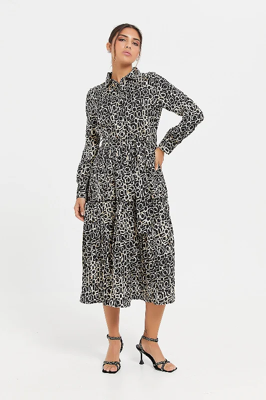 Women Brown Printed Shirt Pleated Dress Elegant Shirt Gown