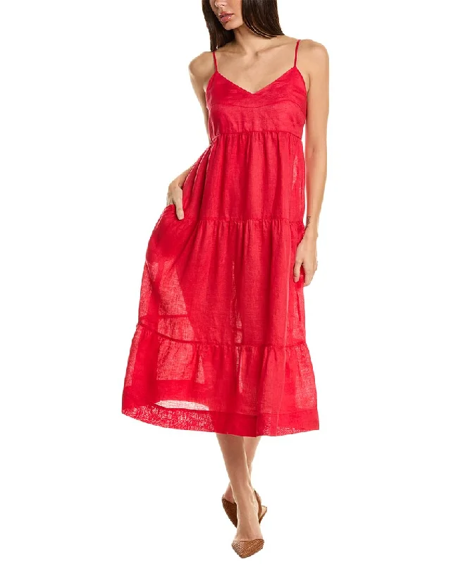 Johnny Was V-Neck Tiered Linen Midi Dress Classic A-line Skirt