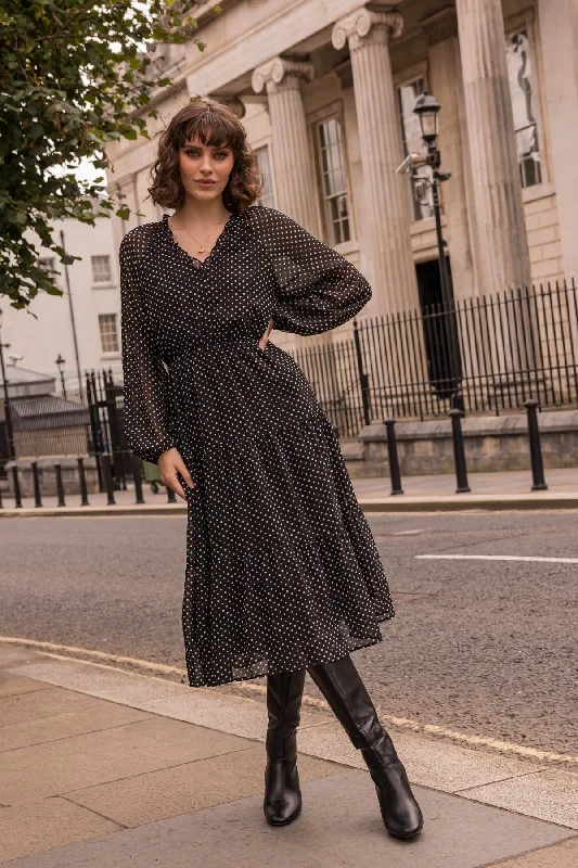 Long Sleeve Black Print Valentina Midi Dress Soft Pleated Midi