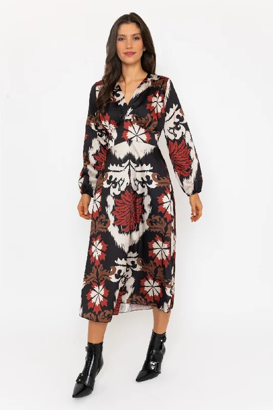 Long Sleeve Cliodhna Midi Dress Sateen Brown Print Printed Midi Outfit