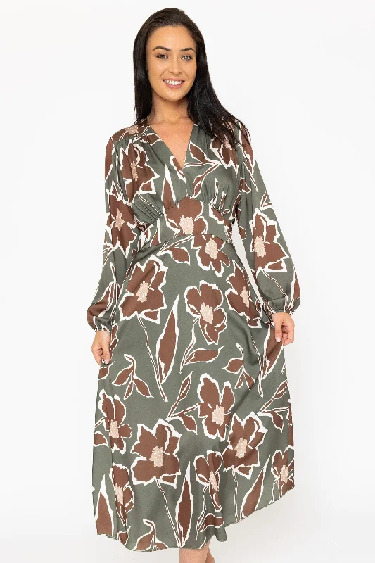 Long Sleeve Cliodhna Midi Dress Sateen Khaki Print Pleated Floral Midi