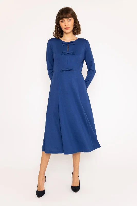 Long Sleeve Cobalt Blue Bow Midi Dress Bright Midi Skirt