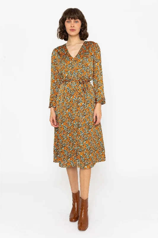 Long Sleeve Green & Orange Floral Jennifer Midi Dress Pleated Floral Midi