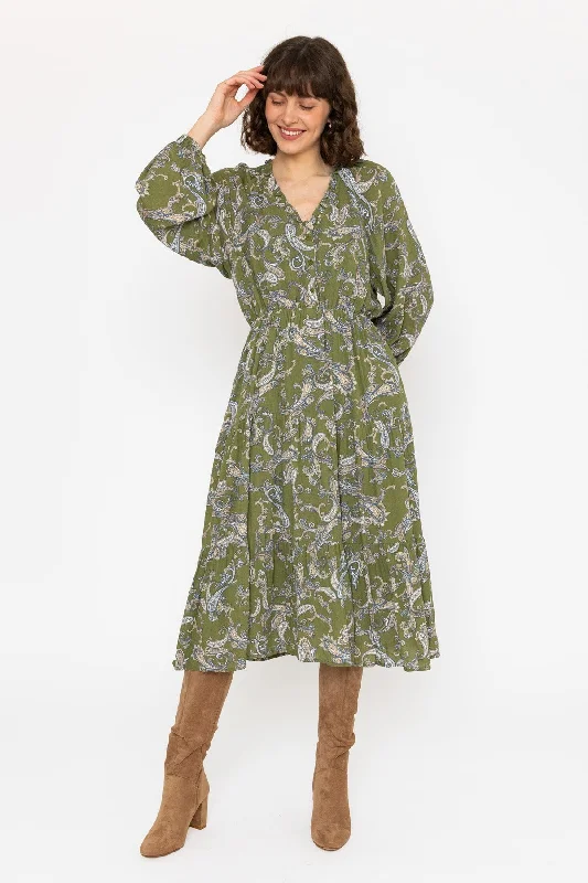 Long Sleeve Green Print Valentina Midi Dress Elegant Midi Dress