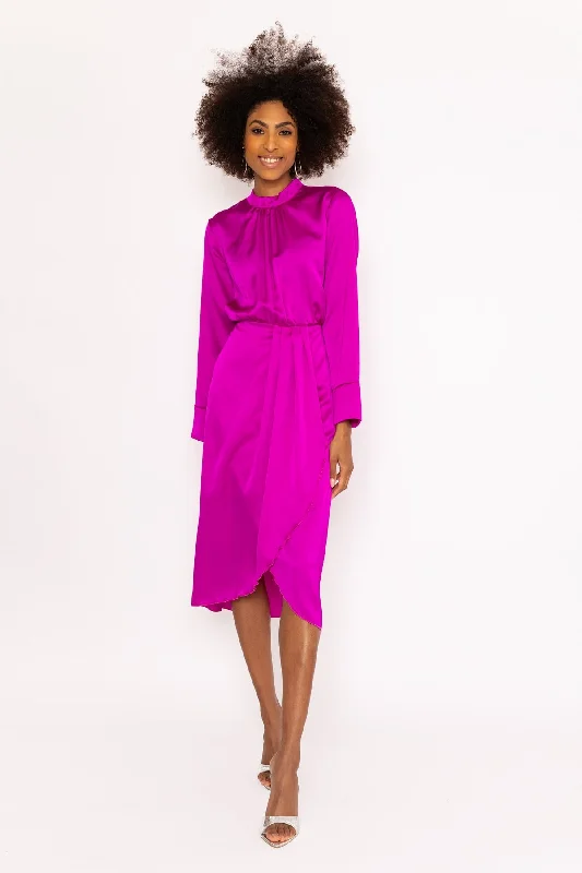 Long Sleeve Pink Naomi Midi Dress Silk Midi Skirt